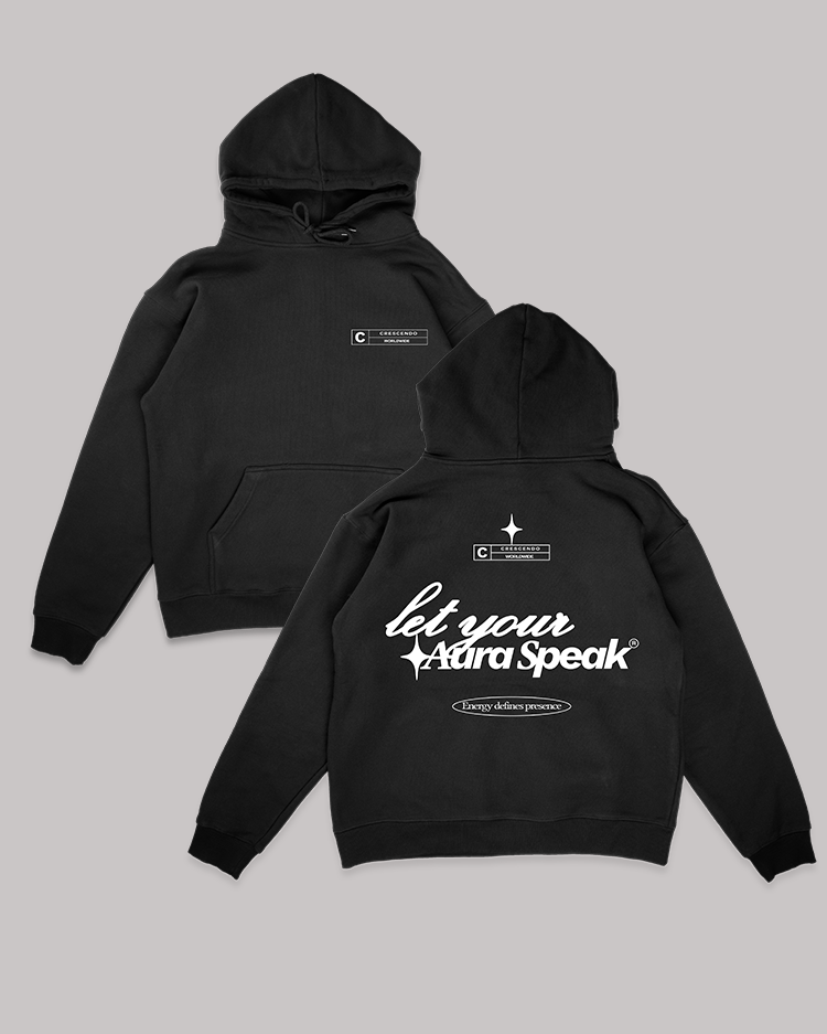 AURA BLACK HOODIE WHITE FONT